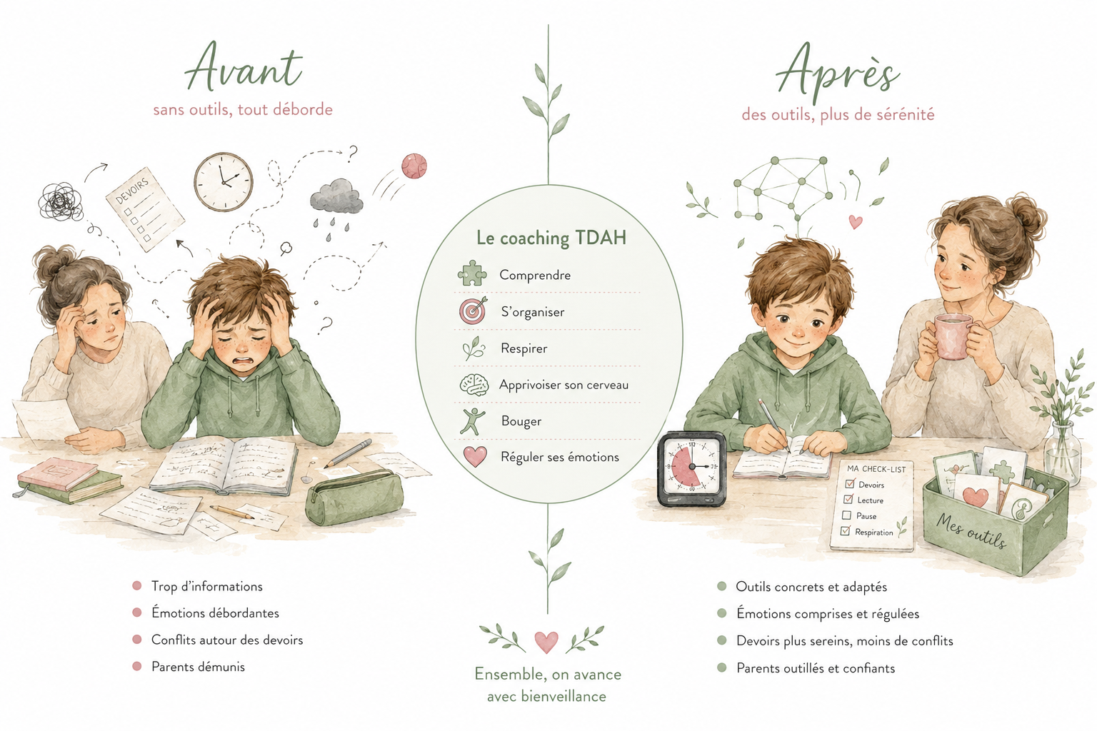 Avant et après le coaching TDAH enfant : comprendre, s'organiser, réguler ses émotions et avancer avec bienveillance