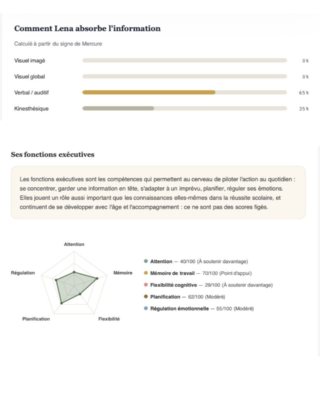 Jauges de style d'apprentissage et radar des fonctions exécutives